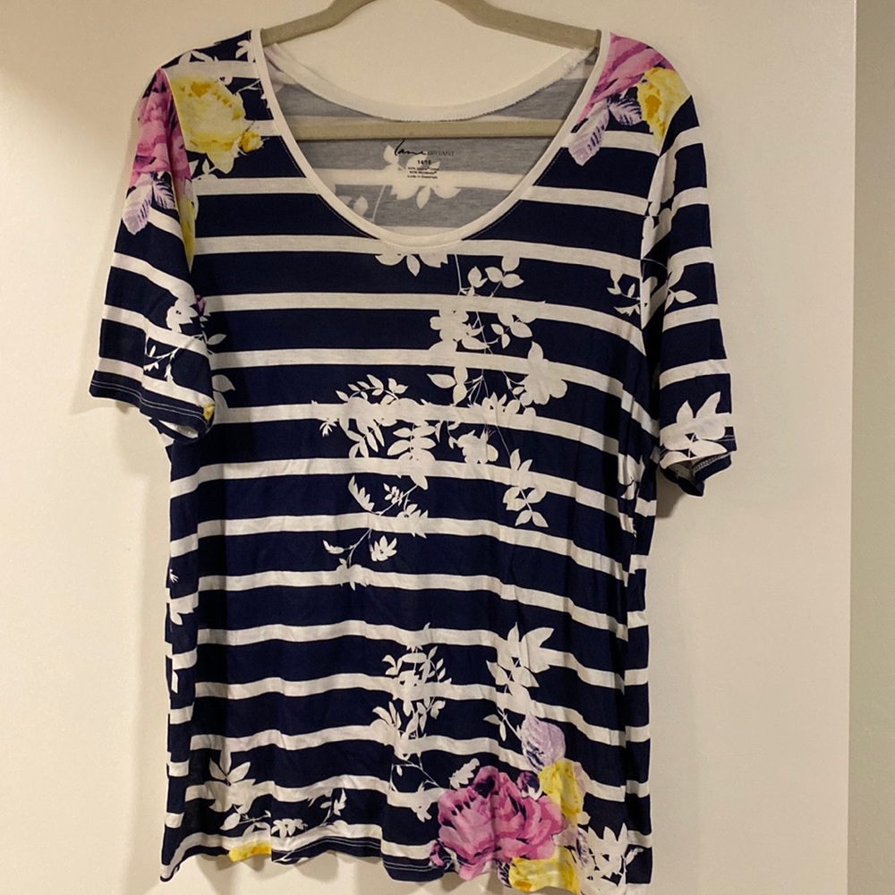 Lane Bryant Womens Plus Size 14/16 Blue Floral Stripe Scoop Neck T-shirt